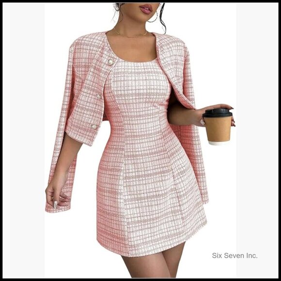 Dresses & Skirts - Polyester Plaid 2-Piece Set Cropped Jacket and Mini Dress